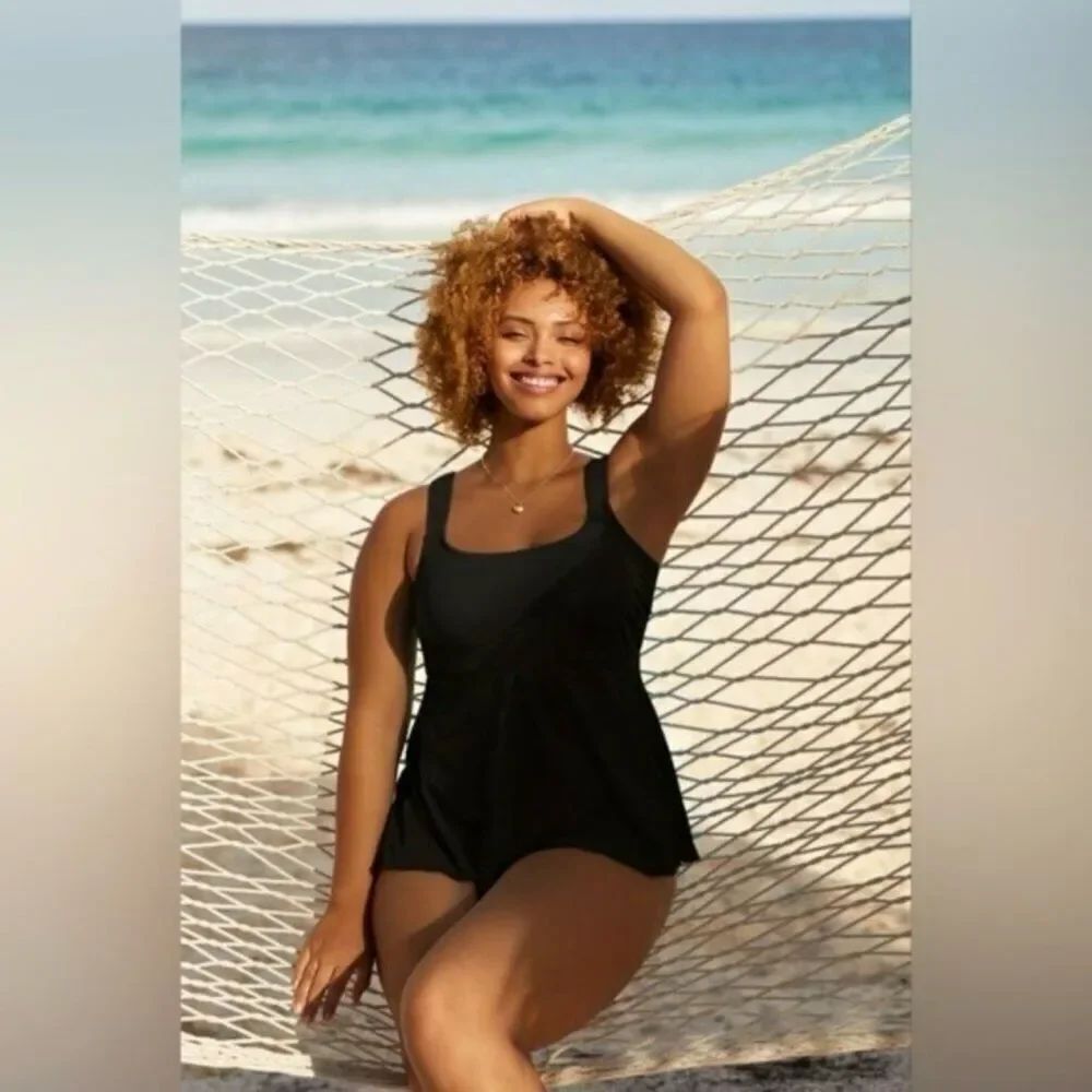 Land’s End Flutter Plus and Regular size square neck tankini Black Vario…